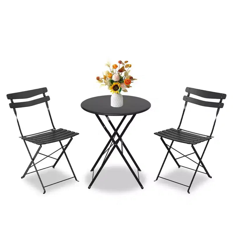 3 Piece Folding Patio Bistro Set, Outdoor/Indoor Bistro Table and Chairs Set with Metal Frame, Portable Round Table with 2 Chairs for Garden Porch