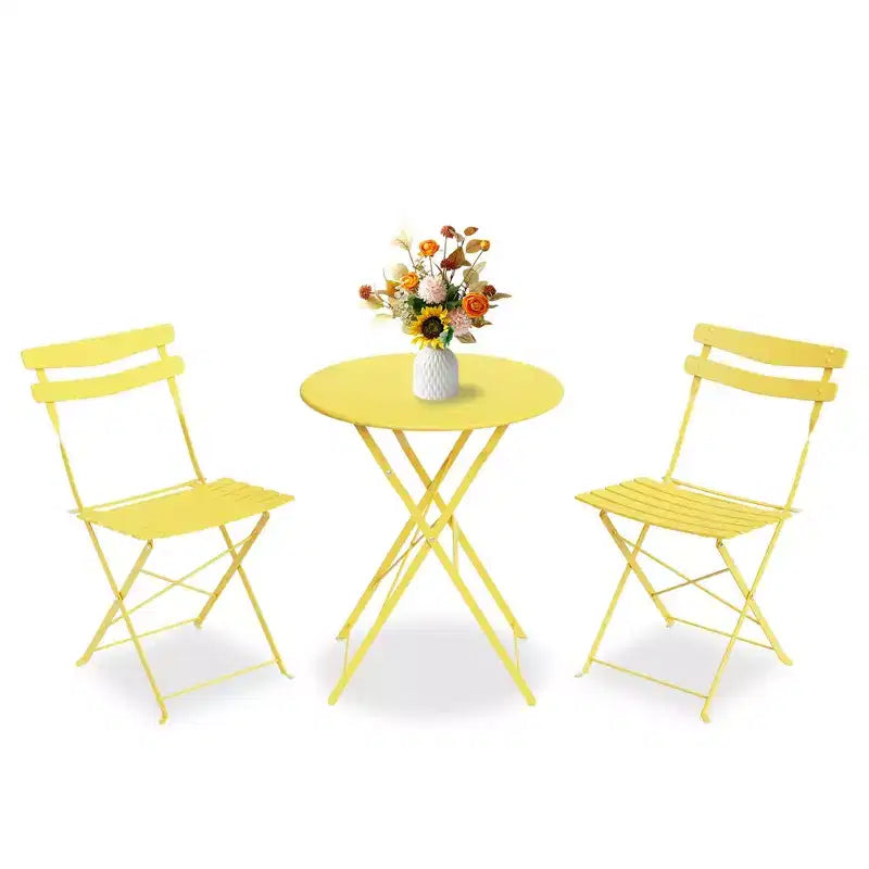 Ensemble bistro de patio pliant 3 pièces, table et chaises bistro extérieur/intérieur avec structure métallique, table ronde portable avec 2 chaises pour jardin porche