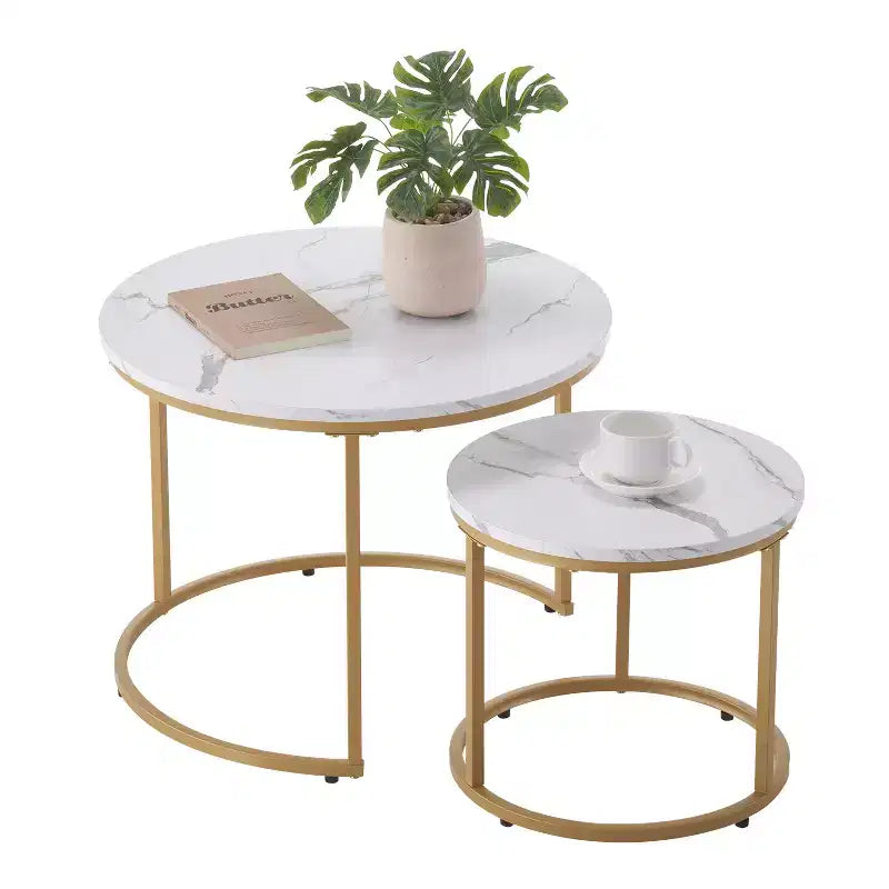 Ensemble de 2 tables basses gigognes blanc et or, 23,6 po, rondes, motif marbre, cadre métallique MDF, tables d'appoint pour petit espace