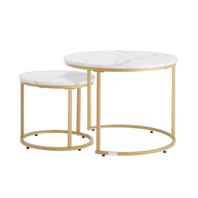 Ensemble de 2 tables basses gigognes blanc et or, 23,6 po, rondes, motif marbre, cadre métallique MDF, tables d'appoint pour petit espace