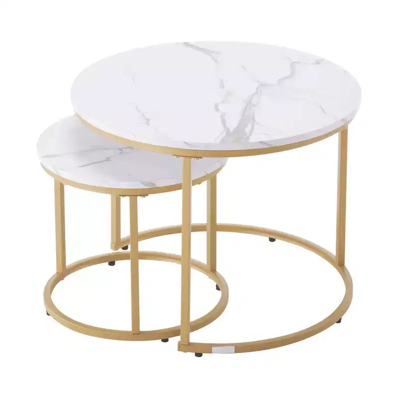 Ensemble de 2 tables basses gigognes blanc et or, 23,6 po, rondes, motif marbre, cadre métallique MDF, tables d'appoint pour petit espace