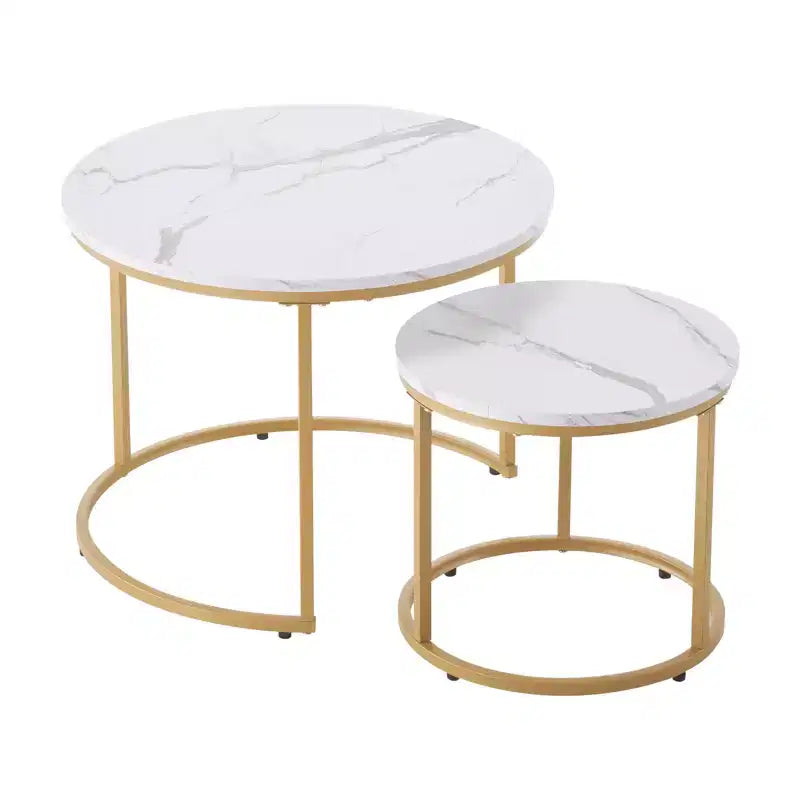 Ensemble de 2 tables basses gigognes blanc et or, 23,6 po, rondes, motif marbre, cadre métallique MDF, tables d'appoint pour petit espace