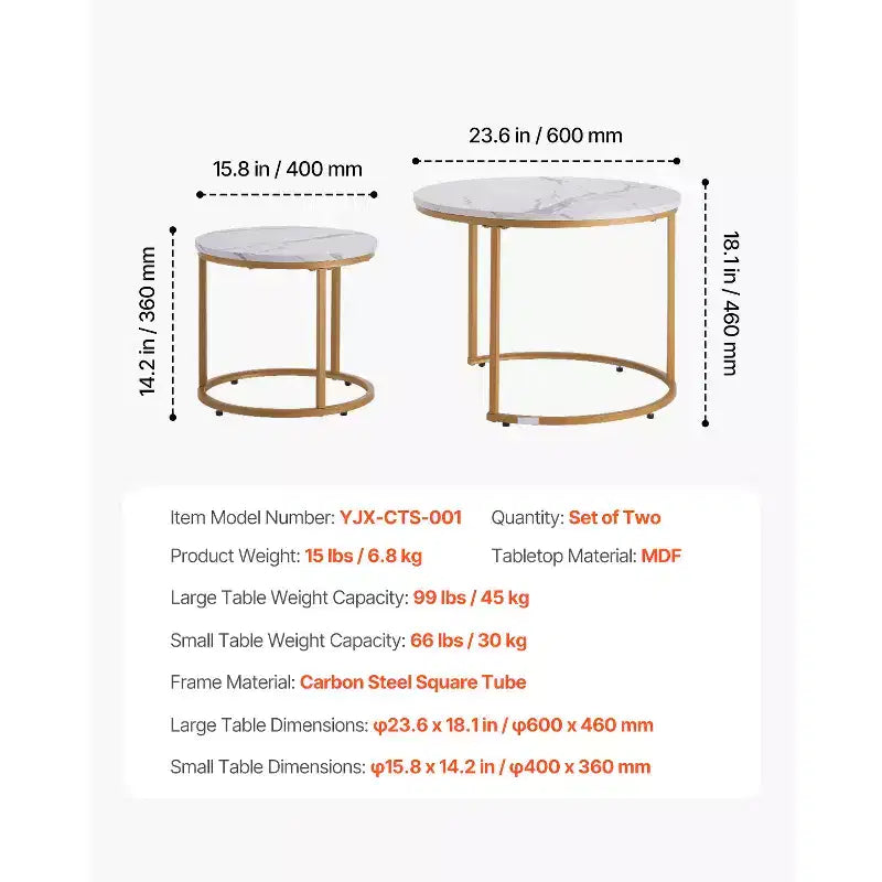 Ensemble de 2 tables basses gigognes blanc et or, 23,6 po, rondes, motif marbre, cadre métallique MDF, tables d'appoint pour petit espace
