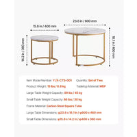 Ensemble de 2 tables basses gigognes blanc et or, 23,6 po, rondes, motif marbre, cadre métallique MDF, tables d'appoint pour petit espace