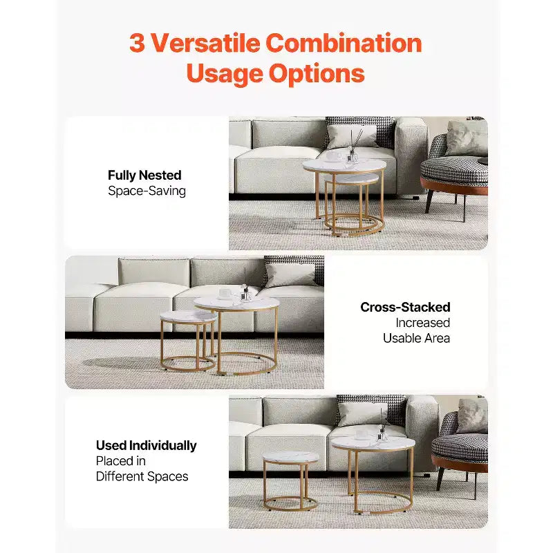 Ensemble de 2 tables basses gigognes blanc et or, 23,6 po, rondes, motif marbre, cadre métallique MDF, tables d'appoint pour petit espace