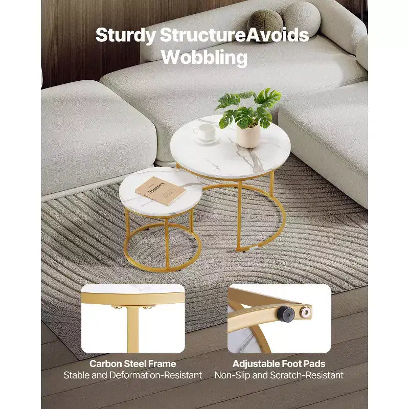 Ensemble de 2 tables basses gigognes blanc et or, 23,6 po, rondes, motif marbre, cadre métallique MDF, tables d'appoint pour petit espace