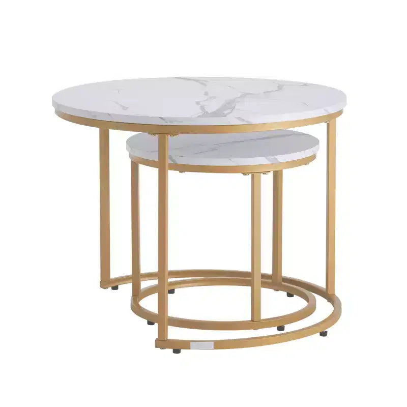 Ensemble de 2 tables basses gigognes blanc et or, 23,6 po, rondes, motif marbre, cadre métallique MDF, tables d'appoint pour petit espace