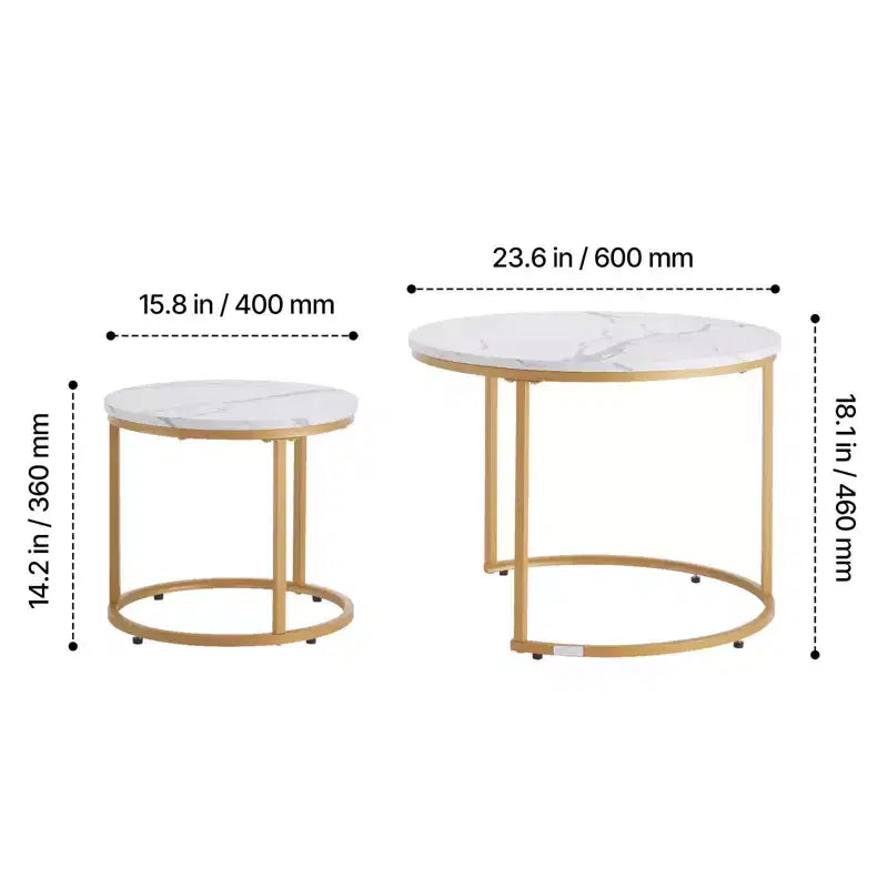 Ensemble de 2 tables basses gigognes blanc et or, 23,6 po, rondes, motif marbre, cadre métallique MDF, tables d'appoint pour petit espace