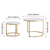 Ensemble de 2 tables basses gigognes blanc et or, 23,6 po, rondes, motif marbre, cadre métallique MDF, tables d'appoint pour petit espace
