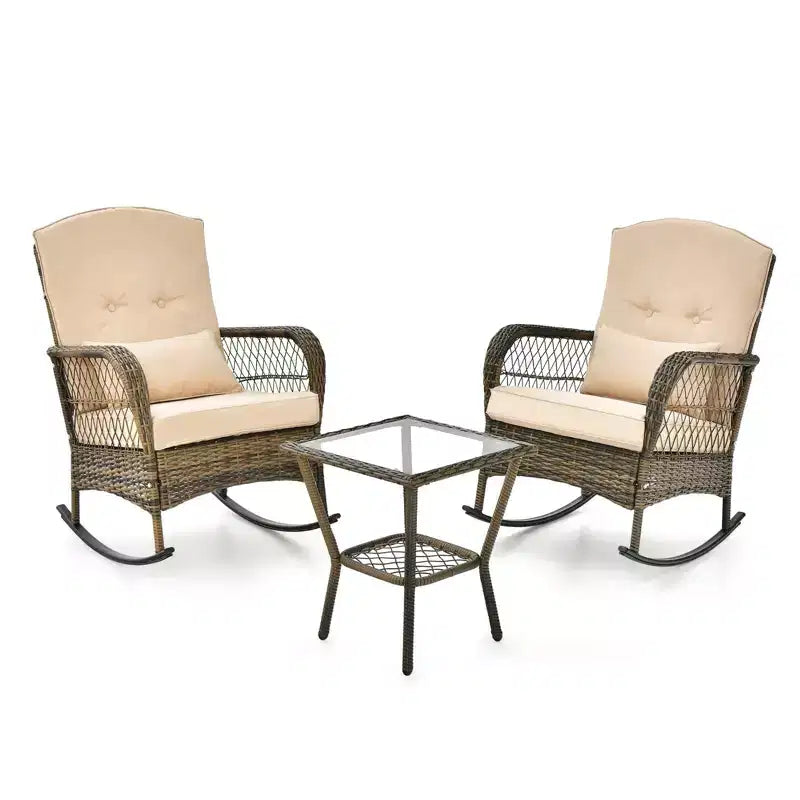 Ensemble bistro de patio à bascule avec table basse à 2 niveaux en verre trempé, coussins épais, ensemble de mobilier de jardin en résine tressée pour patio, arrière-cour