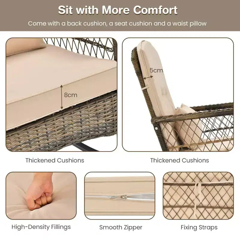 Ensemble bistro de patio à bascule avec table basse à 2 niveaux en verre trempé, coussins épais, ensemble de mobilier de jardin en résine tressée pour patio, arrière-cour
