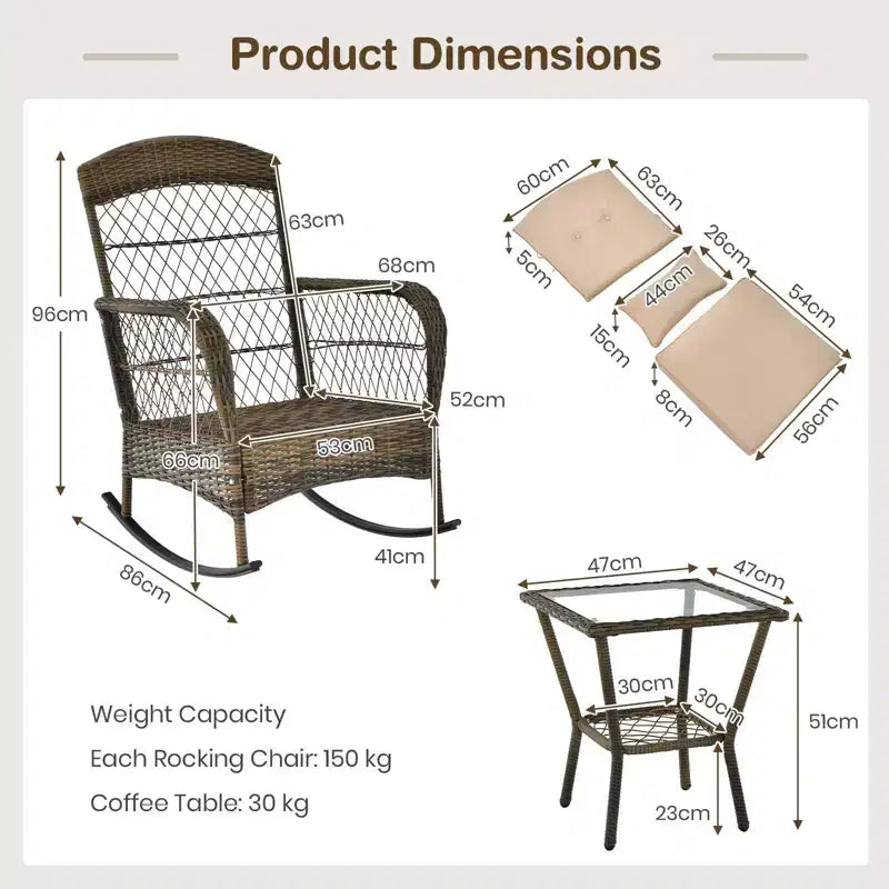 Ensemble bistro de patio à bascule avec table basse à 2 niveaux en verre trempé, coussins épais, ensemble de mobilier de jardin en résine tressée pour patio, arrière-cour