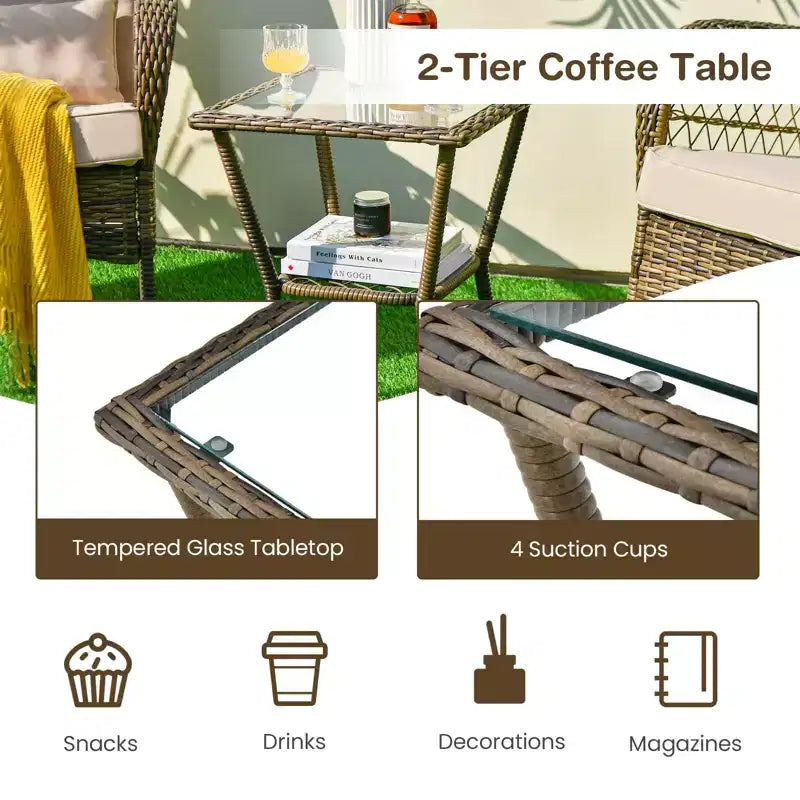 Ensemble bistro de patio à bascule avec table basse à 2 niveaux en verre trempé, coussins épais, ensemble de mobilier de jardin en résine tressée pour patio, arrière-cour