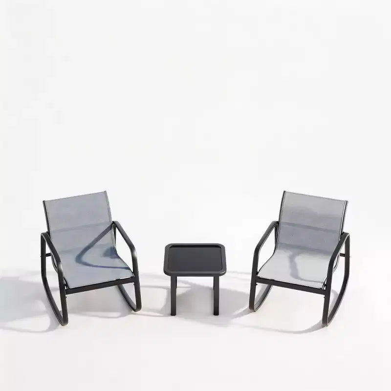 Ensemble bistro à bascule d'extérieur 3 pièces - Petit ensemble de mobilier de patio en tissu Textilene avec accoudoirs en fer et table basse pour pelouse, porche, balcon, bord de piscine