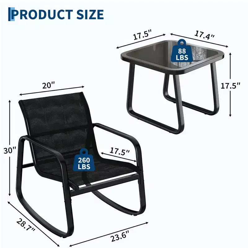 Ensemble bistro à bascule d'extérieur 3 pièces - Petit ensemble de mobilier de patio en tissu Textilene avec accoudoirs en fer et table basse pour pelouse, porche, balcon, bord de piscine
