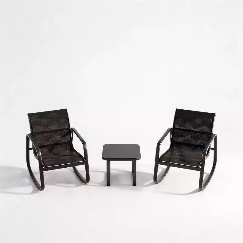 Ensemble bistro à bascule d'extérieur 3 pièces - Petit ensemble de mobilier de patio en tissu Textilene avec accoudoirs en fer et table basse pour pelouse, porche, balcon, bord de piscine