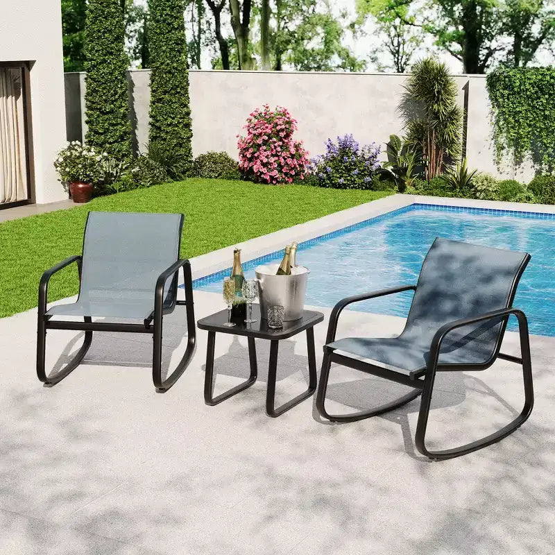 Ensemble bistro à bascule d'extérieur 3 pièces - Petit ensemble de mobilier de patio en tissu Textilene avec accoudoirs en fer et table basse pour pelouse, porche, balcon, bord de piscine