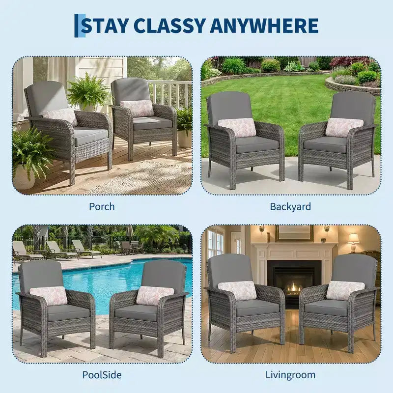 Lot de 2 chaises modernes en résine tressée - Mobilier d'extérieur en rotin tout temps avec coussins, ensemble bistro de conversation de patio minimaliste pour décor de balcon et terrasse