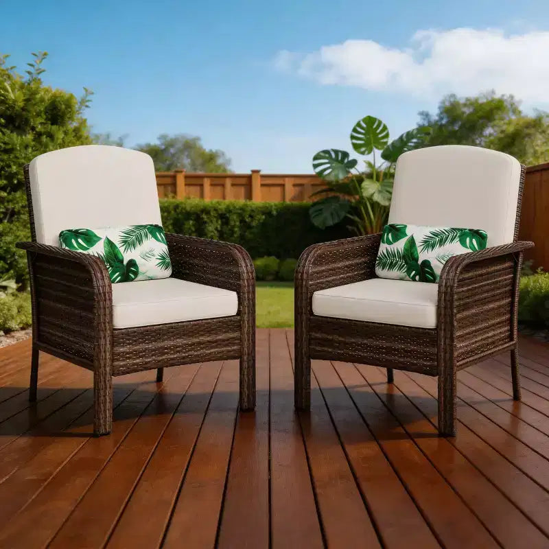 Modern Wicker Chair Set of 2, All-Weather Rattan Outdoor Furniture with Cushions, Minimalist Patio Conversation Bistro Set for Balcony & Deck Decor