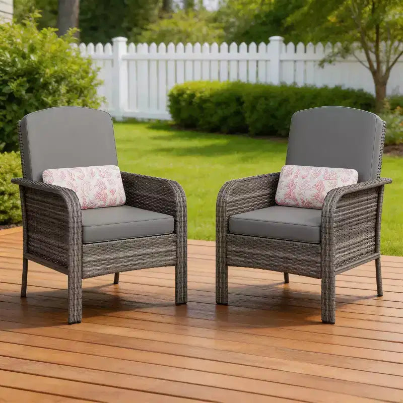 Lot de 2 chaises modernes en résine tressée - Mobilier d'extérieur en rotin tout temps avec coussins, ensemble bistro de conversation de patio minimaliste pour décor de balcon et terrasse