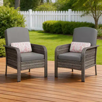 Lot de 2 chaises modernes en résine tressée - Mobilier d'extérieur en rotin tout temps avec coussins, ensemble bistro de conversation de patio minimaliste pour décor de balcon et terrasse
