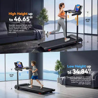 Tapis de Course YOUNGFIT 3,5 CV avec Poste de Travail et Hauteur Réglable, Capacité de 204 kg, Tapis de Marche Pliable Portable à Inclinaison de 15 % avec Barre de Maintien