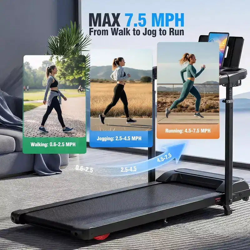 Tapis de Course YOUNGFIT 3,5 CV avec Poste de Travail et Hauteur Réglable, Capacité de 204 kg, Tapis de Marche Pliable Portable à Inclinaison de 15 % avec Barre de Maintien