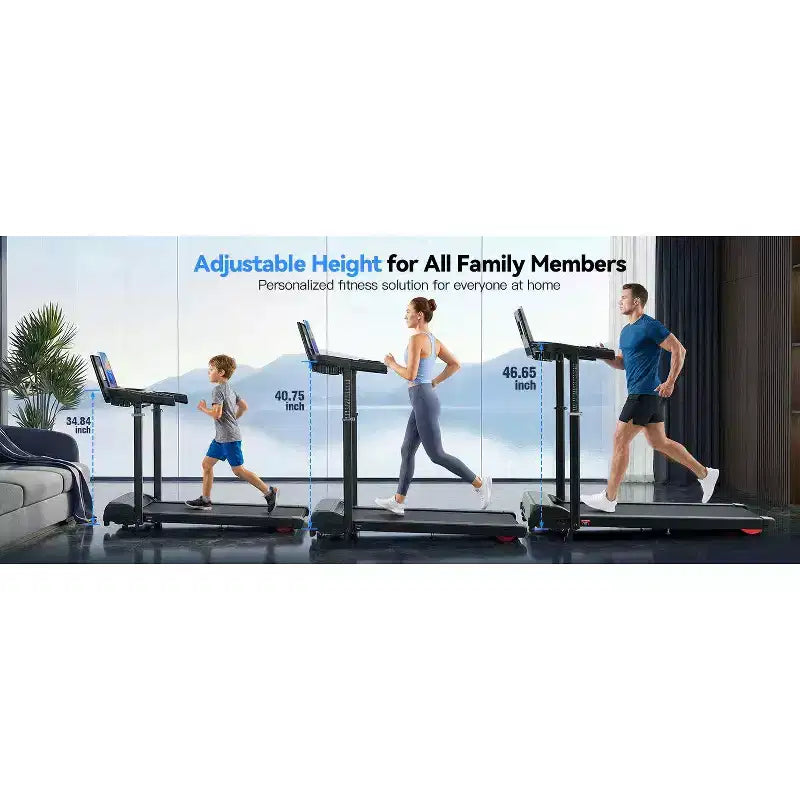 Tapis de Course YOUNGFIT 3,5 CV avec Poste de Travail et Hauteur Réglable, Capacité de 204 kg, Tapis de Marche Pliable Portable à Inclinaison de 15 % avec Barre de Maintien