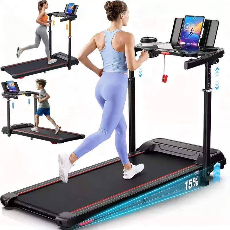 Tapis de Course YOUNGFIT 3,5 CV avec Poste de Travail et Hauteur Réglable, Capacité de 204 kg, Tapis de Marche Pliable Portable à Inclinaison de 15 % avec Barre de Maintien