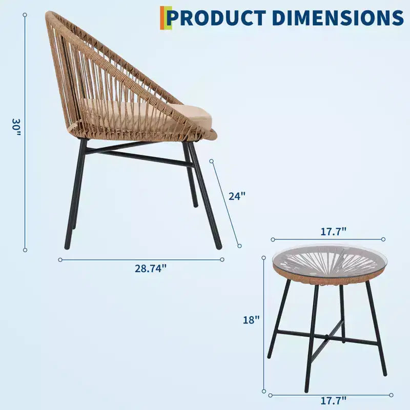 Salon de jardin 3 pièces en osier, table basse avec plateau en verre et coussins, ensemble bistrot en rotin avec cadre métallique résistant aux intempéries pour balcon, porche, jardin
