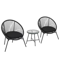 3-Piece Wicker Patio Furniture Set, Glass Top Coffee Table and Cushions, All-Weather Metal Frame Rattan Bistro Set for Balcony, Porch, Garden