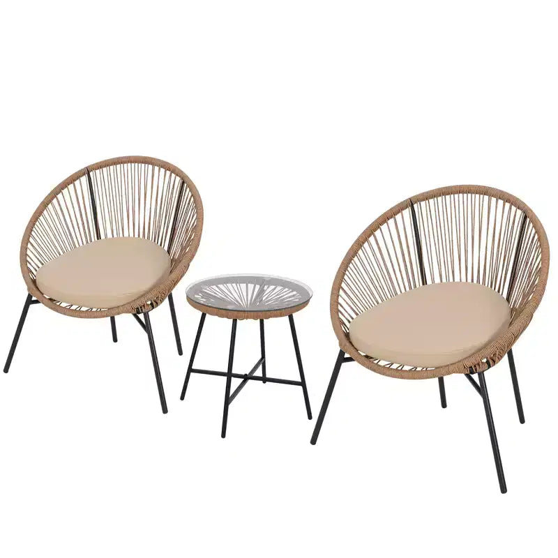 Salon de jardin 3 pièces en osier, table basse avec plateau en verre et coussins, ensemble bistrot en rotin avec cadre métallique résistant aux intempéries pour balcon, porche, jardin