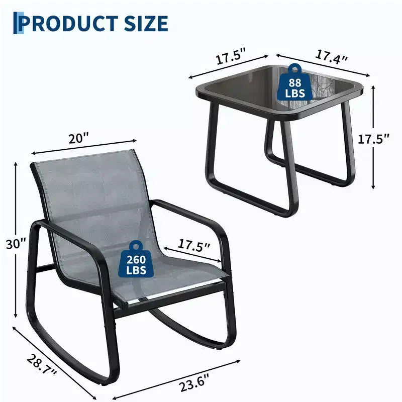 Ensemble de bistrot 3 pièces GustoWave avec chaises à bascule, maille textilène et cadre en métal