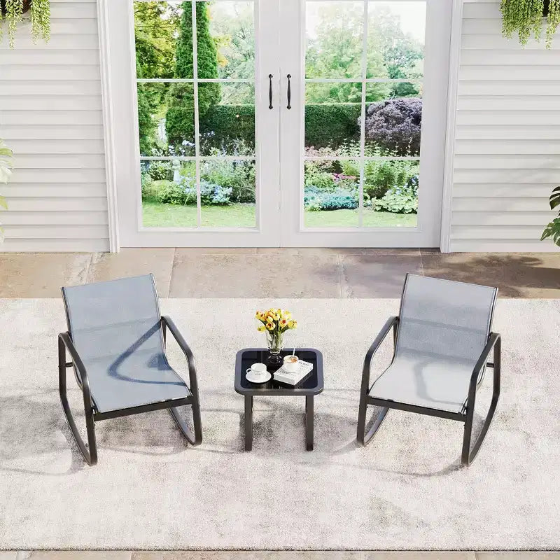 Ensemble de bistrot 3 pièces GustoWave avec chaises à bascule, maille textilène et cadre en métal