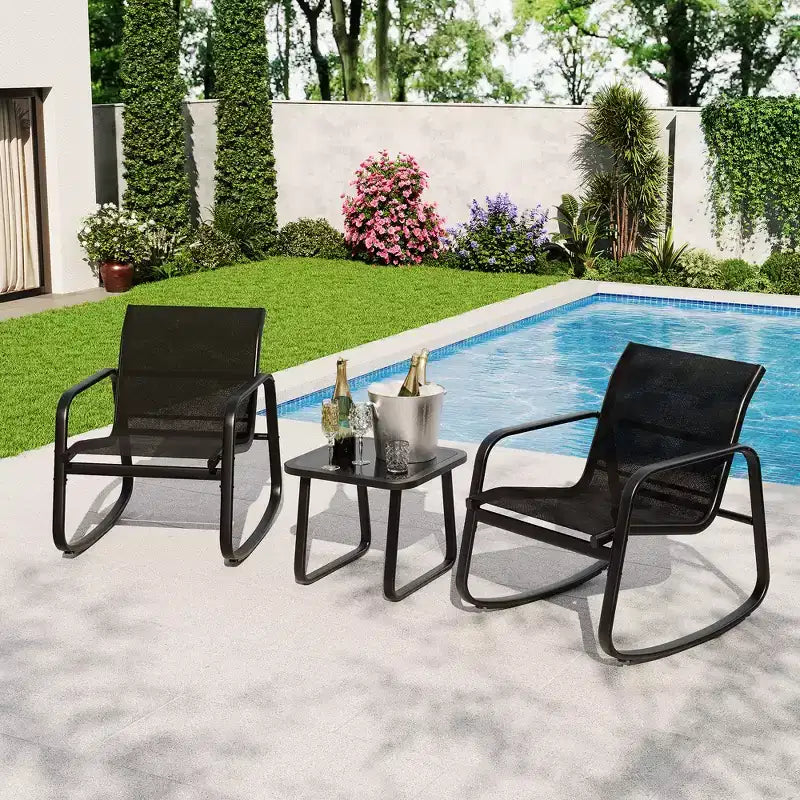 Ensemble de bistrot 3 pièces GustoWave avec chaises à bascule, maille textilène et cadre en métal
