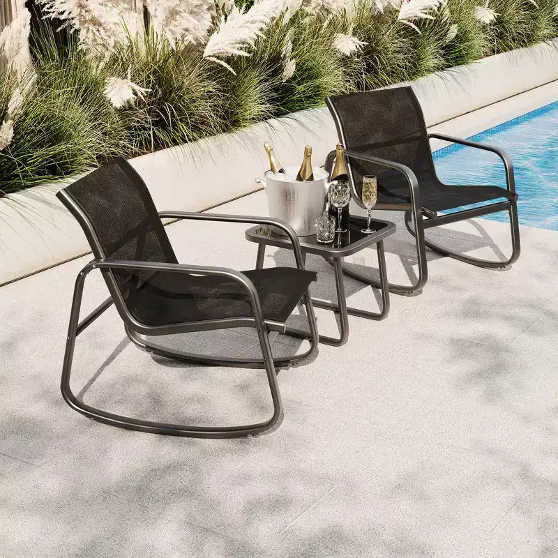 Ensemble de bistrot 3 pièces GustoWave avec chaises à bascule, maille textilène et cadre en métal