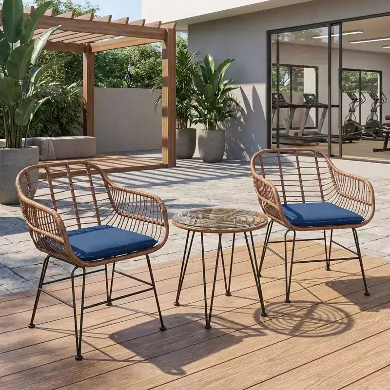 Ensemble bistro d'extérieur 3 pièces Gymax avec chaises et table basse ronde en verre pour jardin, piscine, balcon, arrière-cour Gris/Turquoise/Noir/Bleu marine/Rouge