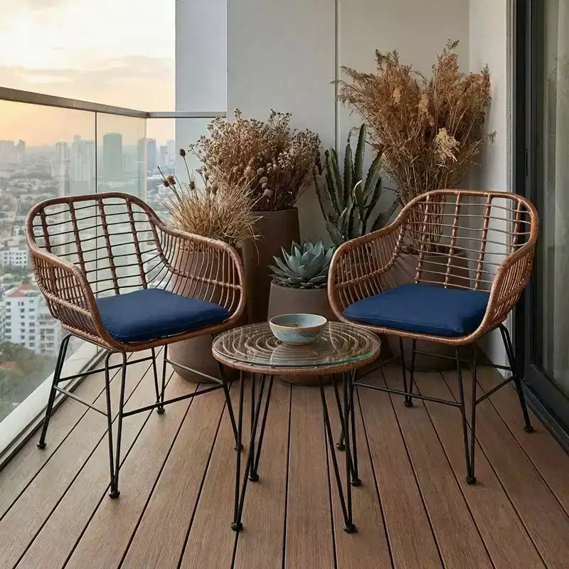 Ensemble bistro d'extérieur 3 pièces Gymax avec chaises et table basse ronde en verre pour jardin, piscine, balcon, arrière-cour Gris/Turquoise/Noir/Bleu marine/Rouge