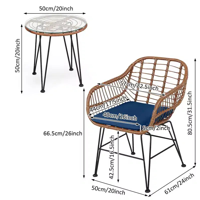 Ensemble bistro d'extérieur 3 pièces Gymax avec chaises et table basse ronde en verre pour jardin, piscine, balcon, arrière-cour Gris/Turquoise/Noir/Bleu marine/Rouge