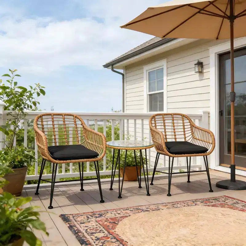 Ensemble bistro d'extérieur 3 pièces Gymax avec chaises et table basse ronde en verre pour jardin, piscine, balcon, arrière-cour Gris/Turquoise/Noir/Bleu marine/Rouge