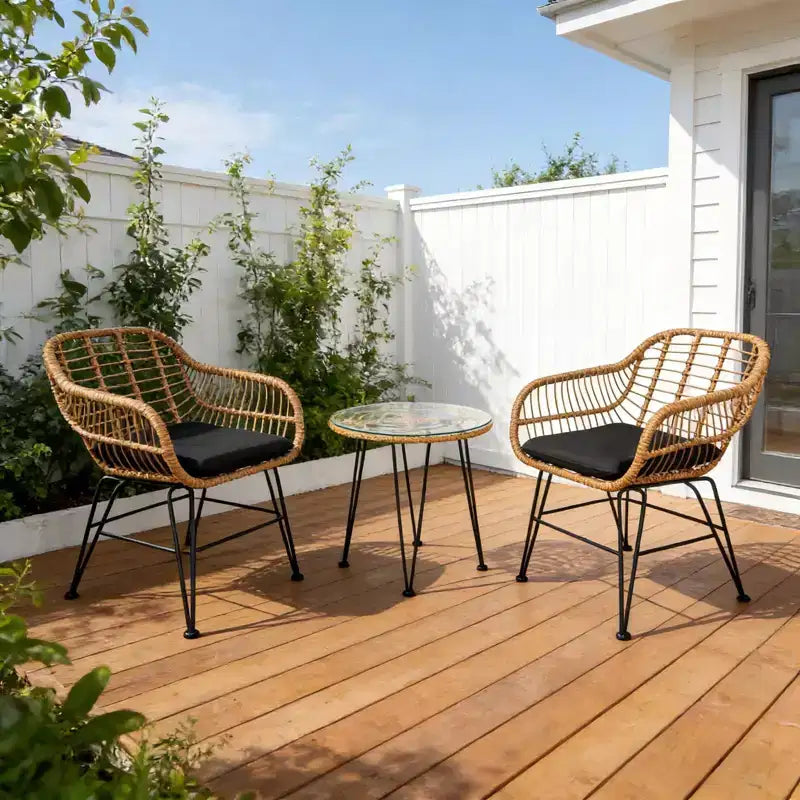 Ensemble bistro d'extérieur 3 pièces Gymax avec chaises et table basse ronde en verre pour jardin, piscine, balcon, arrière-cour Gris/Turquoise/Noir/Bleu marine/Rouge
