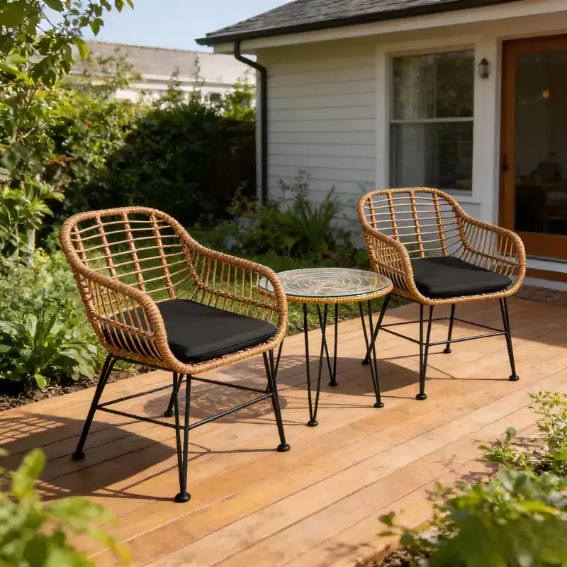 Ensemble bistro d'extérieur 3 pièces Gymax avec chaises et table basse ronde en verre pour jardin, piscine, balcon, arrière-cour Gris/Turquoise/Noir/Bleu marine/Rouge