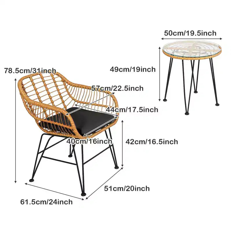Ensemble bistro d'extérieur 3 pièces Gymax avec chaises et table basse ronde en verre pour jardin, piscine, balcon, arrière-cour Gris/Turquoise/Noir/Bleu marine/Rouge