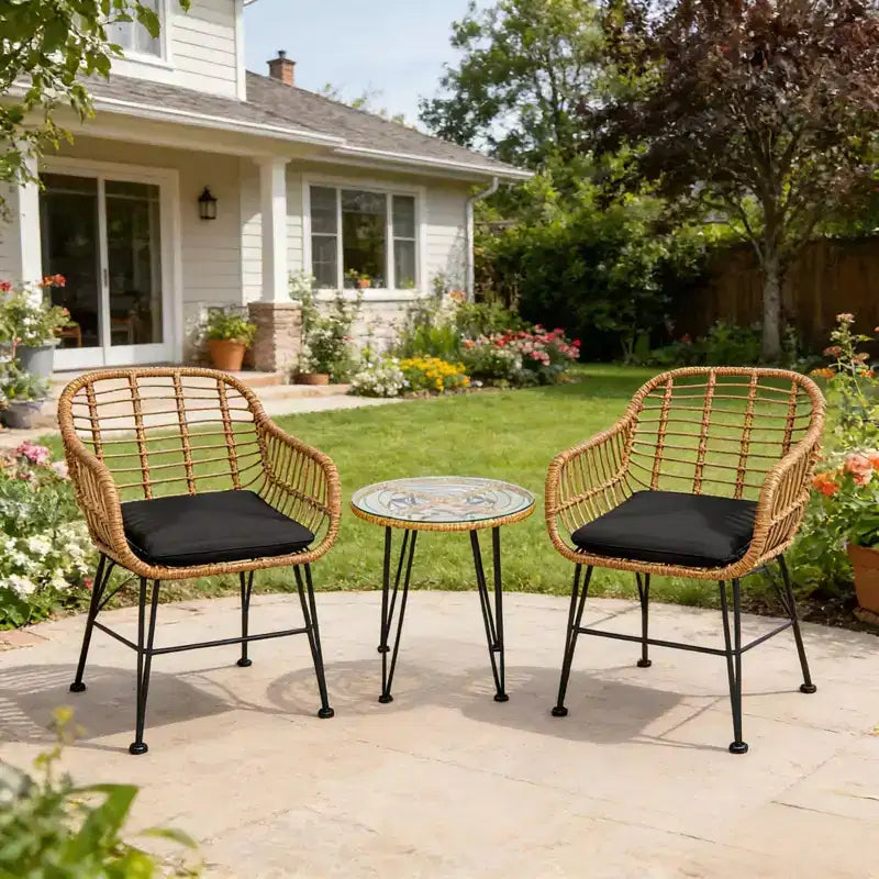 Ensemble bistro d'extérieur 3 pièces Gymax avec chaises et table basse ronde en verre pour jardin, piscine, balcon, arrière-cour Gris/Turquoise/Noir/Bleu marine/Rouge