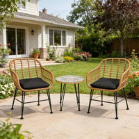 Ensemble bistro d'extérieur 3 pièces Gymax avec chaises et table basse ronde en verre pour jardin, piscine, balcon, arrière-cour Gris/Turquoise/Noir/Bleu marine/Rouge