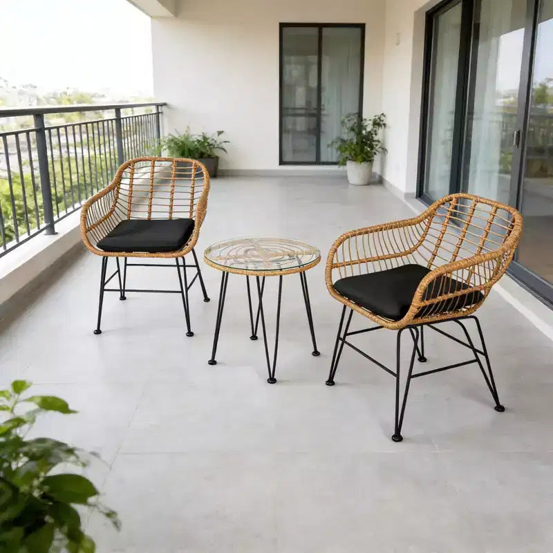 Ensemble bistro d'extérieur 3 pièces Gymax avec chaises et table basse ronde en verre pour jardin, piscine, balcon, arrière-cour Gris/Turquoise/Noir/Bleu marine/Rouge