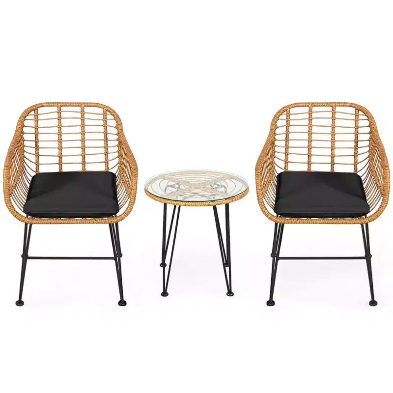 Gymax 3-Piece Outdoor Bistro Set w/ Chairs Round Glass Coffee Table for Garden Poolside Balcony Backyard Gray/Turquoise/Black/Navy/Red