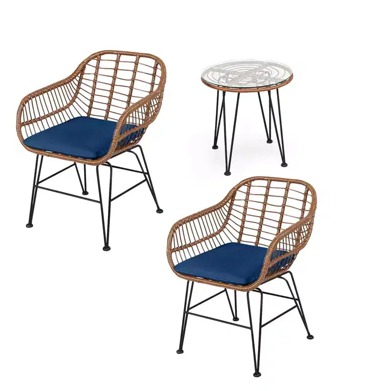 Ensemble bistro d'extérieur 3 pièces Gymax avec chaises et table basse ronde en verre pour jardin, piscine, balcon, arrière-cour Gris/Turquoise/Noir/Bleu marine/Rouge