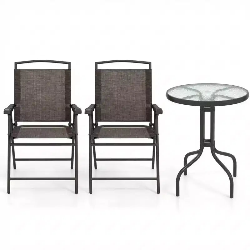 Gymax Ensemble bistro de terrasse d'extérieur 3 pièces avec table en verre trempé ondulé, 2 chaises pliantes à cadre en acier, patins réglables pour jardin, porche, cour