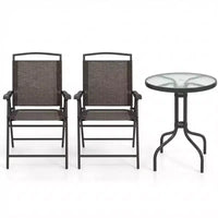 Gymax Ensemble bistro de terrasse d'extérieur 3 pièces avec table en verre trempé ondulé, 2 chaises pliantes à cadre en acier, patins réglables pour jardin, porche, cour